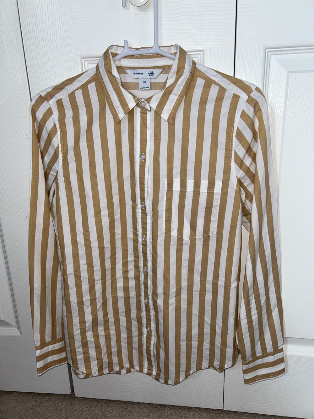 Old Navy Women’s Vertical Stripe Button-Down Shirt - Camel & White, XS